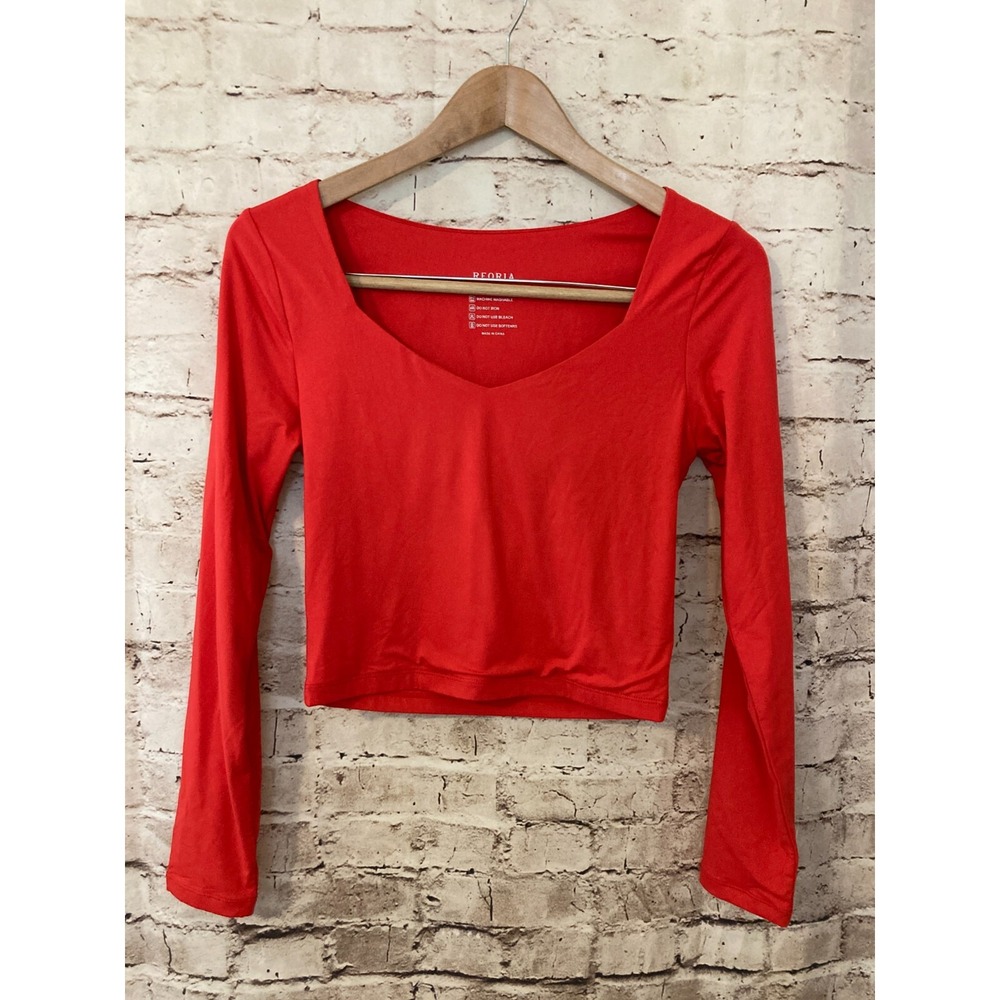 Reoria Crop Top Womens Medium Cropped Red Long Sleeve Ultra‎ Stretch Sweetheart